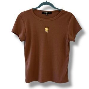Belle Tweed Brown Ribbed Baby Tee Embroidered Top Melted Happy Face Size XL
